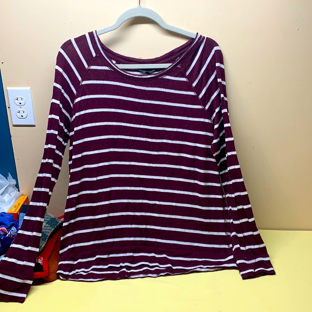 Wine and white striped long sleeve tee.
